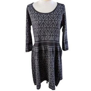 Calvin Klein Geometric Design Knee Length Round Neck Sweater Dress Gray Black Lg
